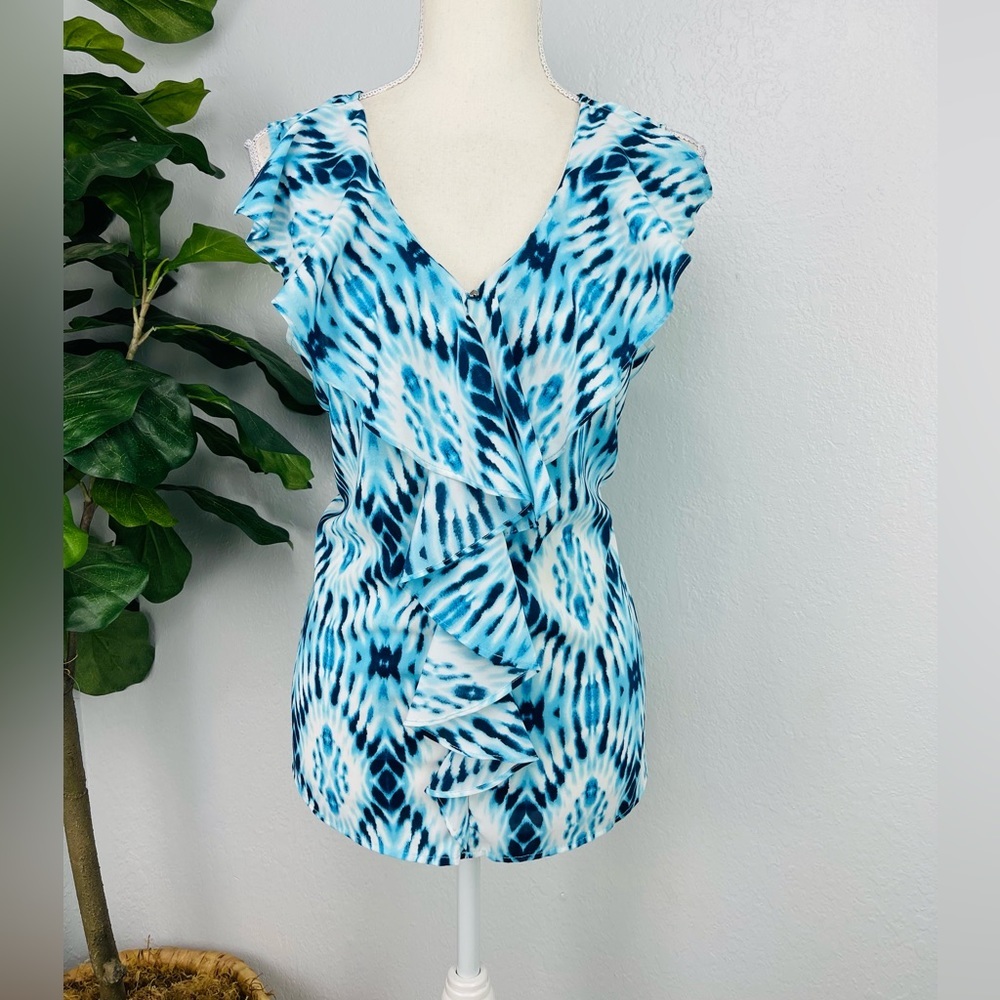 Kim Rogers Blue White Inkblot Ruffle Chiffon Sleeveless Top